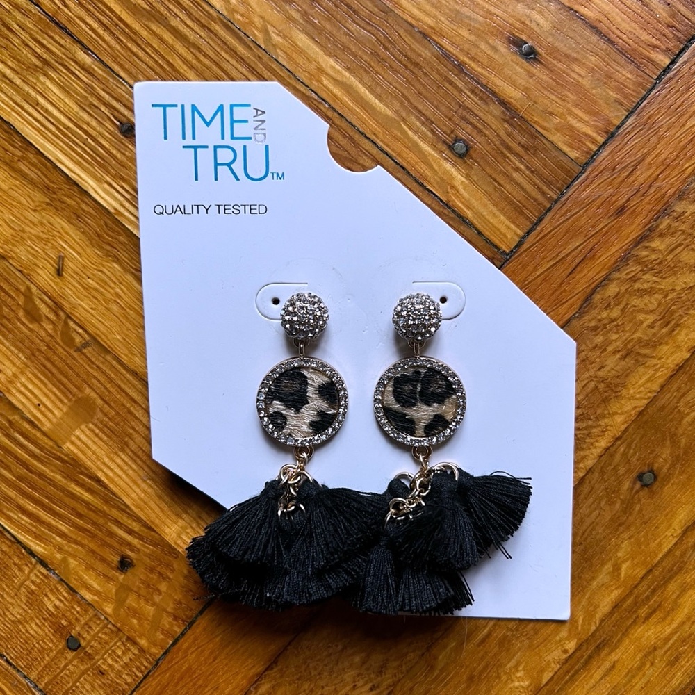 Time And Tru Leopard Rhinestone Tassel Earrings